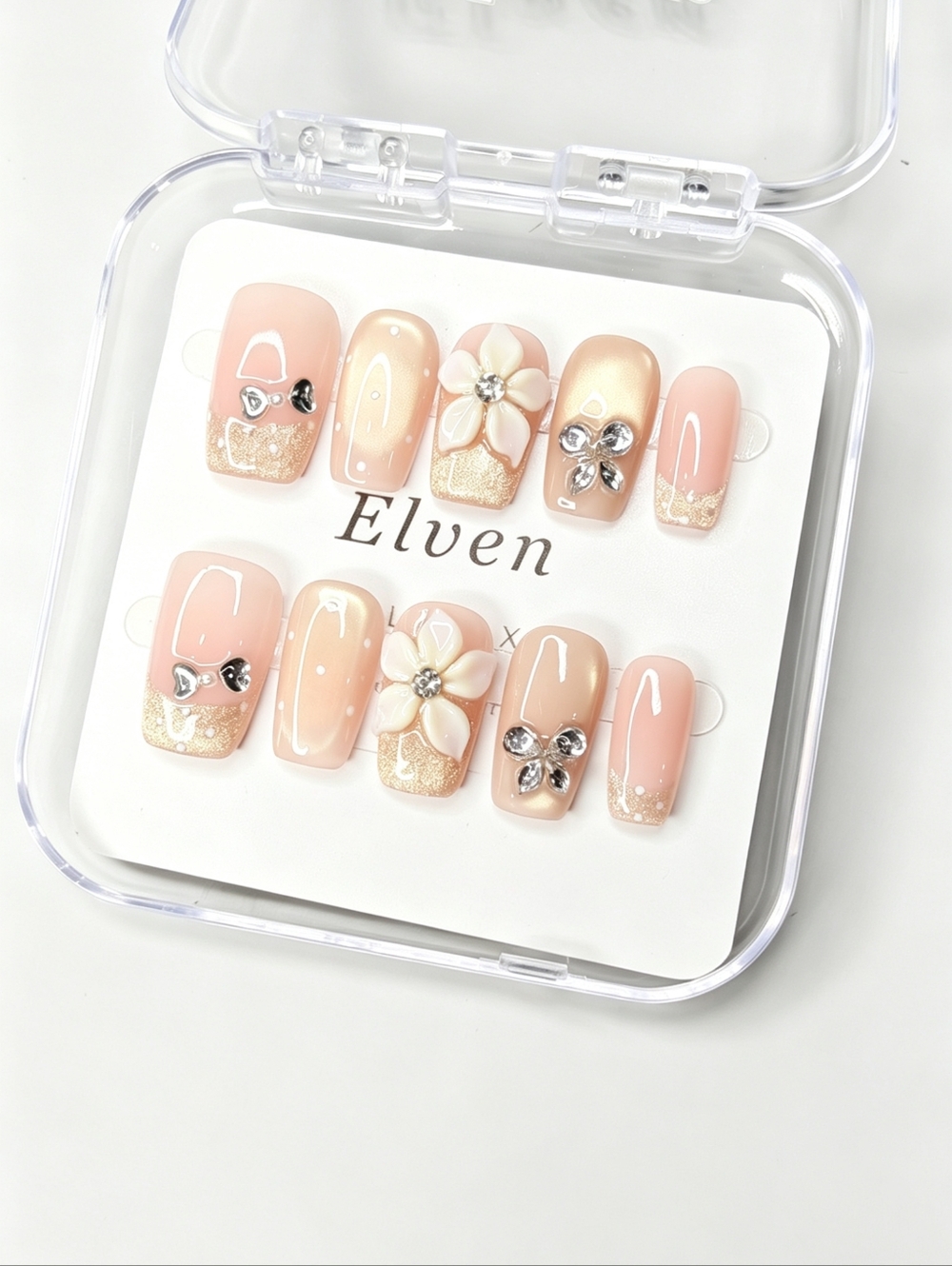 Gold Cat Eye Polka Dot & Floral Butterfly Rhinestone Short Square Press On Nails